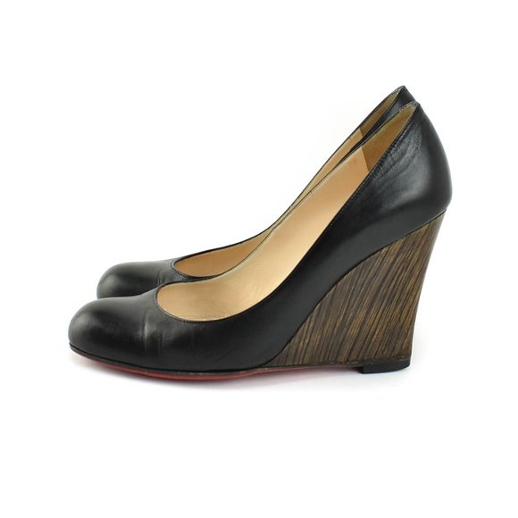 LOUBOUTIN: Black, Leather & "Bamboo" Wedge Heels - Picture 2 of 8
